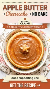 A slice of no-bake apple butter cheesecake with a graham cracker crust, topped with a swirl of apple butter.