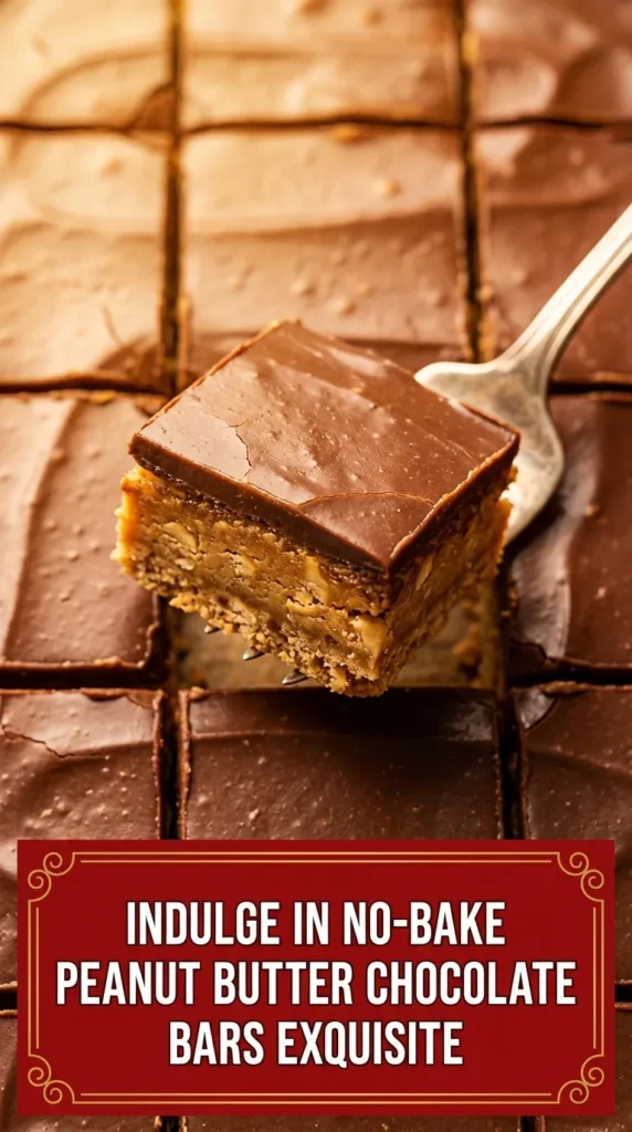 Squares of no-bake peanut butter bars with a creamy tan base topped with a smooth layer of dark chocolate.