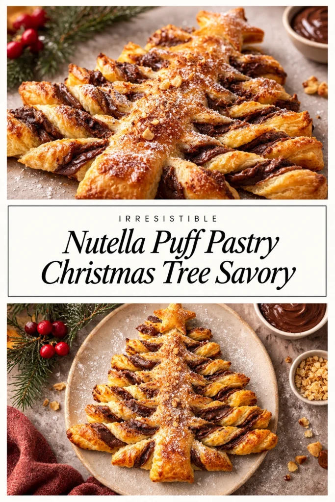Golden brown puff pastry twisted into a Christmas tree shape, filled with Nutella and dusted with powdered sugar.