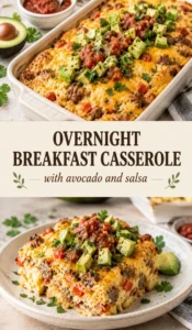 Baked breakfast casserole topped with sliced avocado, red salsa, and fresh cilantro in a white ceramic baking dish.