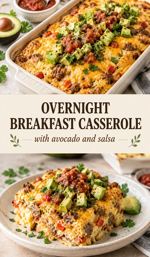 Baked breakfast casserole topped with sliced avocado, red salsa, and fresh cilantro in a white ceramic baking dish.