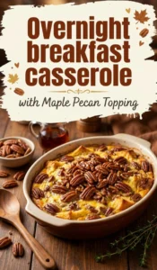 Baked breakfast casserole in a white dish topped with a golden brown maple pecan crumble and fresh berry garnish.