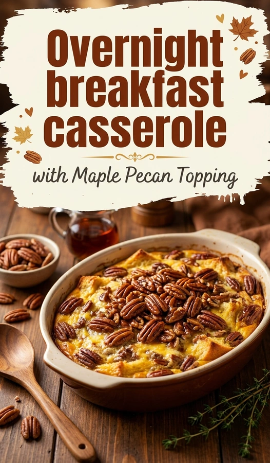 Baked breakfast casserole in a white dish topped with a golden brown maple pecan crumble and fresh berry garnish.
