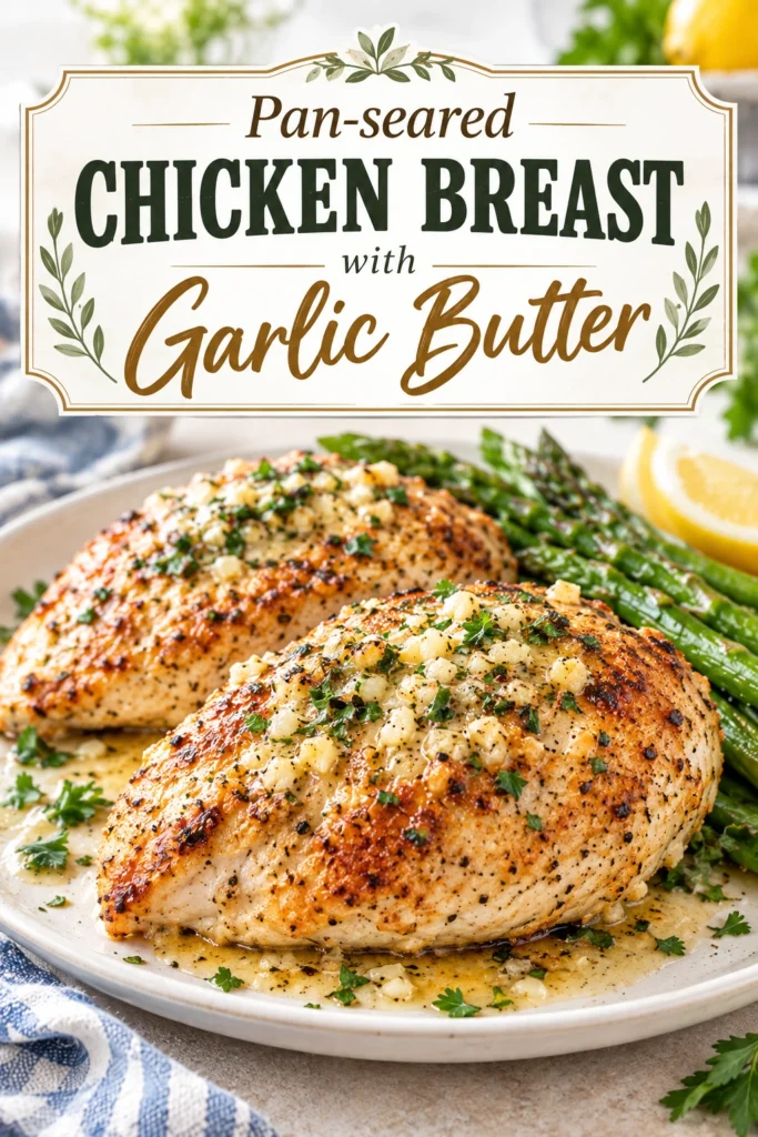 Sliced golden-brown pan-seared chicken breast topped with melted garlic butter and fresh parsley on a white ceramic plate.