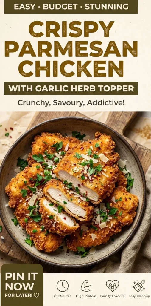 Golden brown Parmesan crusted chicken breasts served on a plate, garnished with fresh parsley and lemon wedges.