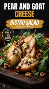 Fresh bistro salad with sliced pears, crumbled goat cheese, candied walnuts, and mixed greens in a white ceramic bowl.