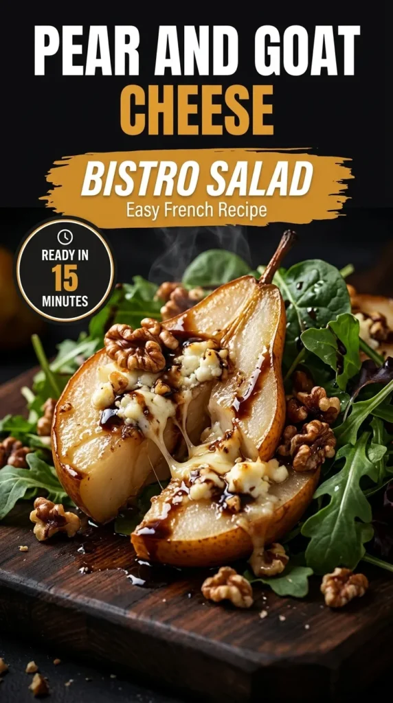 Fresh bistro salad with sliced pears, crumbled goat cheese, candied walnuts, and mixed greens in a white ceramic bowl.