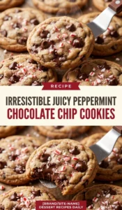 Stacked peppermint chocolate chip cookies with melted chocolate and crushed candy cane pieces on a rustic baking sheet.