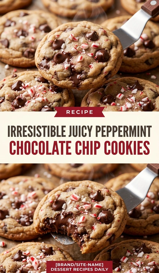 Stacked peppermint chocolate chip cookies with melted chocolate and crushed candy cane pieces on a rustic baking sheet.