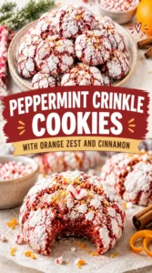 Powdered sugar dusted peppermint crinkle cookies with visible orange zest and cinnamon on a rustic baking sheet.