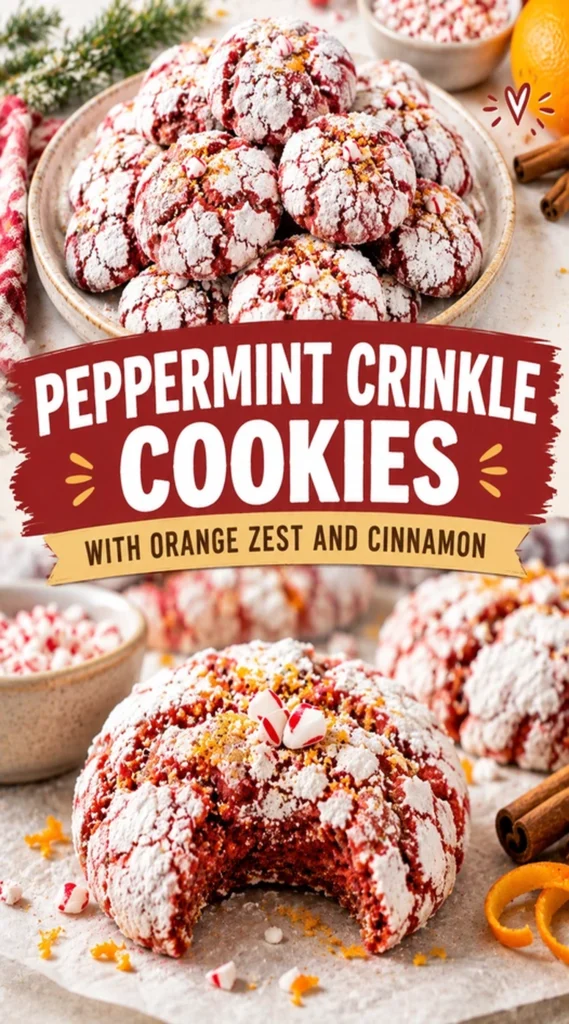 Powdered sugar dusted peppermint crinkle cookies with visible orange zest and cinnamon on a rustic baking sheet.