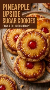 Soft sugar cookies topped with a caramelized pineapple ring and a bright red maraschino cherry in the center.