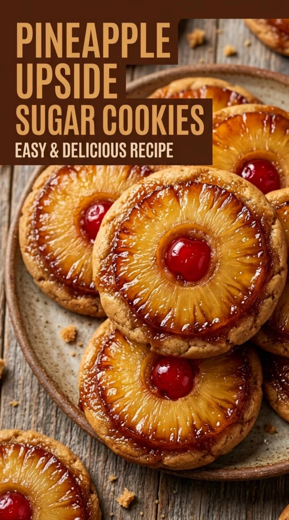 Soft sugar cookies topped with a caramelized pineapple ring and a bright red maraschino cherry in the center.
