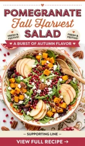 Autumn salad with mixed greens, pomegranate seeds, sliced apples, toasted walnuts, and feta cheese in a white ceramic bowl.