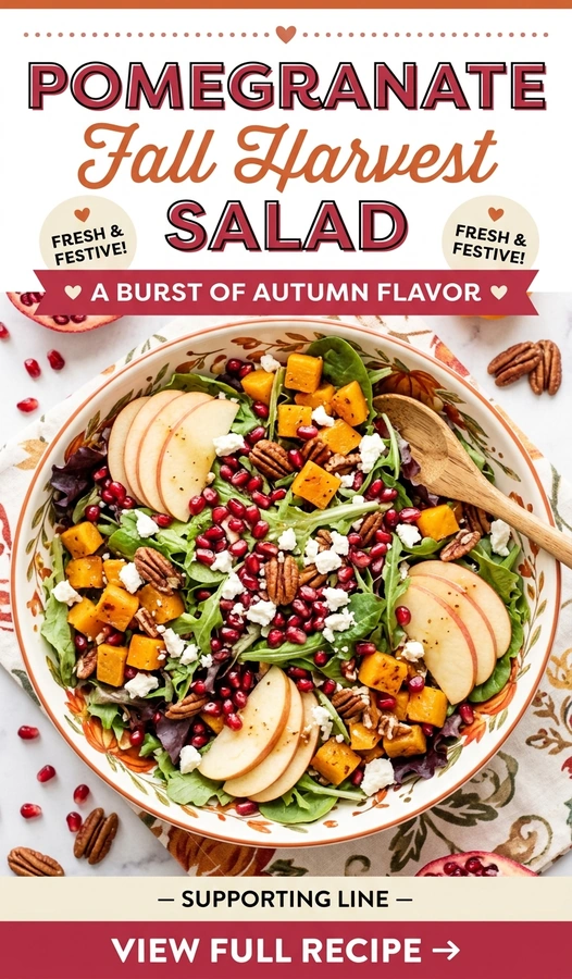 Autumn salad with mixed greens, pomegranate seeds, sliced apples, toasted walnuts, and feta cheese in a white ceramic bowl.
