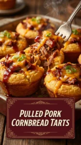 Small cornbread tarts filled with savory pulled pork and topped with a drizzle of barbecue sauce and fresh chives.