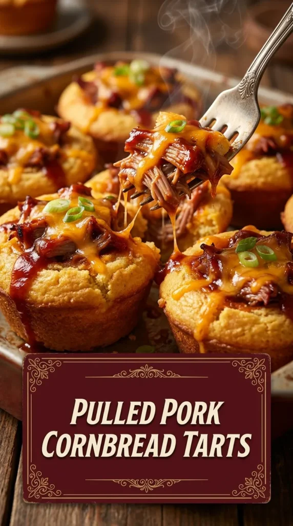 Small cornbread tarts filled with savory pulled pork and topped with a drizzle of barbecue sauce and fresh chives.