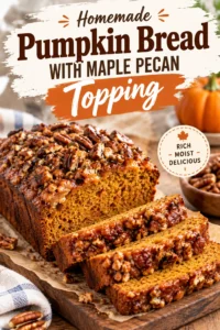 A slice of moist pumpkin bread topped with a crunchy maple glaze and toasted pecans on a white plate.
