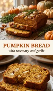 Sliced savory pumpkin bread with rosemary and garlic on a wooden board, showing a moist golden-orange interior crumb.