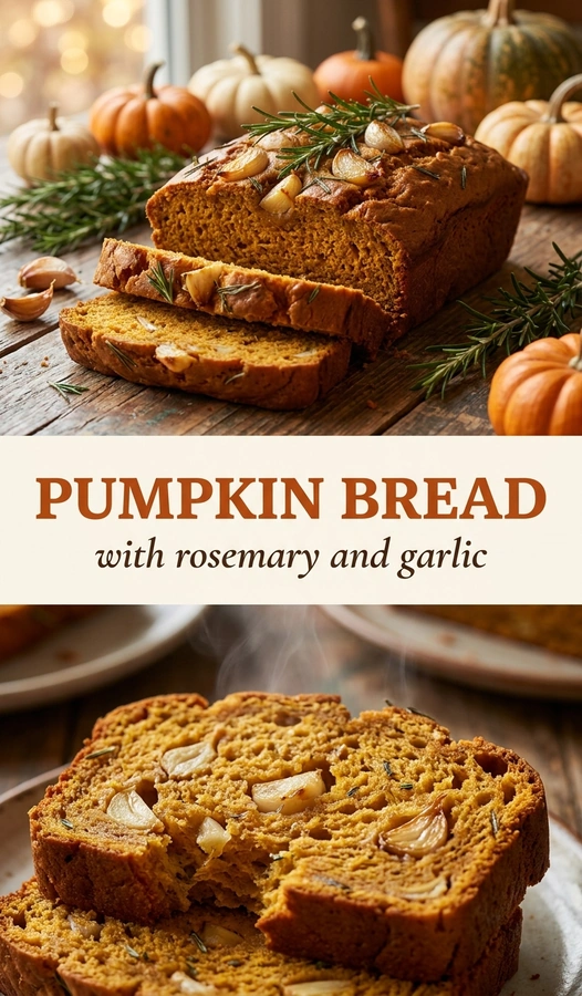 Sliced savory pumpkin bread with rosemary and garlic on a wooden board, showing a moist golden-orange interior crumb.