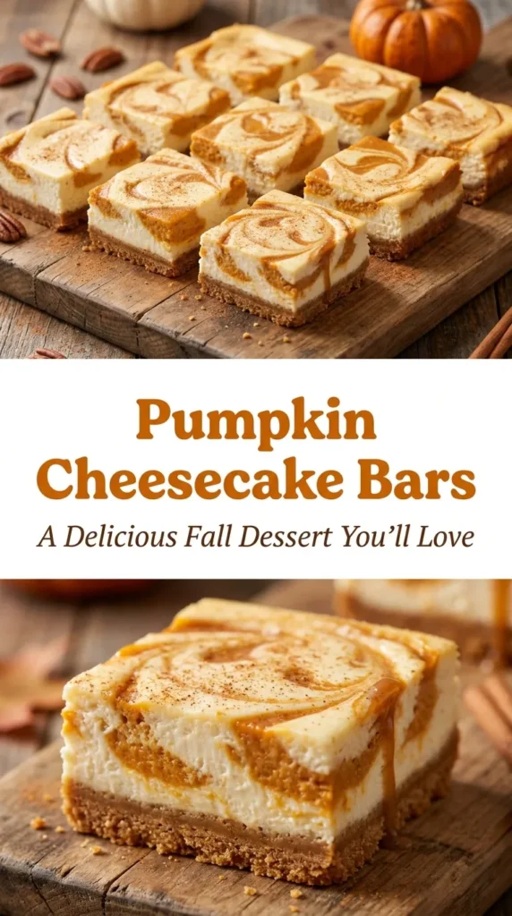 Square slices of pumpkin cheesecake bars with a graham cracker crust, topped with a dollop of whipped cream.