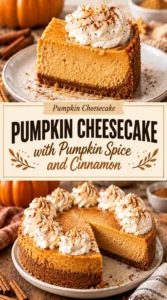 A slice of creamy pumpkin cheesecake on a graham cracker crust, dusted with cinnamon and pumpkin spice.