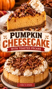 A slice of creamy pumpkin cheesecake on a graham cracker crust, topped with whipped cream and toasted pecan halves.
