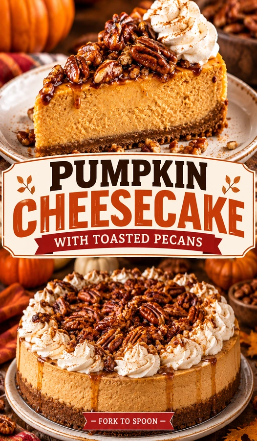 A slice of creamy pumpkin cheesecake on a graham cracker crust, topped with whipped cream and toasted pecan halves.