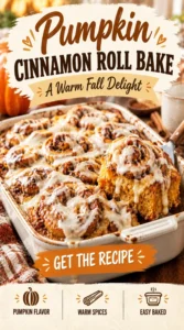 A baking dish of golden-brown pumpkin cinnamon roll bake drizzled with white icing and topped with a sprinkle of cinnamon.