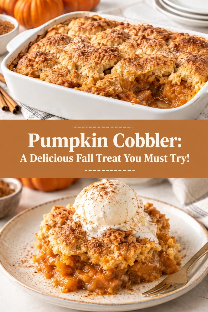 Warm pumpkin cobbler in a baking dish topped with golden-brown biscuit crust and a sprinkle of cinnamon sugar.