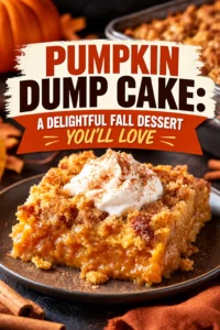 A square baking dish of pumpkin dump cake with a golden-brown crumble topping and a creamy orange pumpkin base.