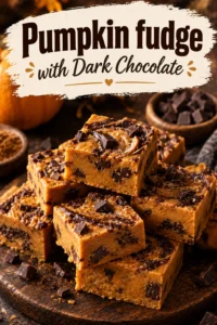 Square cuts of orange pumpkin fudge topped with a layer of dark chocolate, stacked on a white ceramic plate.