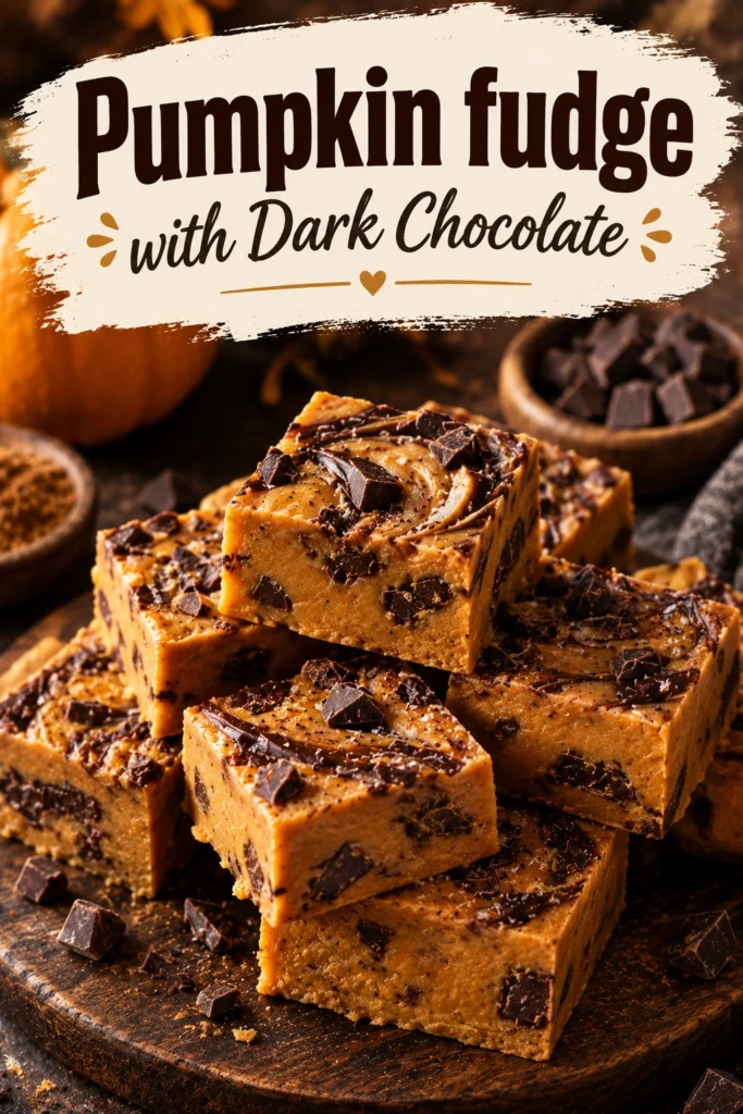 Square cuts of orange pumpkin fudge topped with a layer of dark chocolate, stacked on a white ceramic plate.