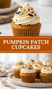 Pumpkin cupcakes topped with swirls of orange buttercream frosting and festive Halloween sprinkles on a white platter.