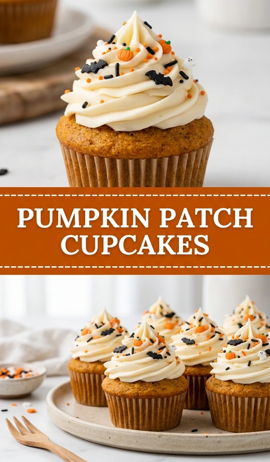 Pumpkin cupcakes topped with swirls of orange buttercream frosting and festive Halloween sprinkles on a white platter.