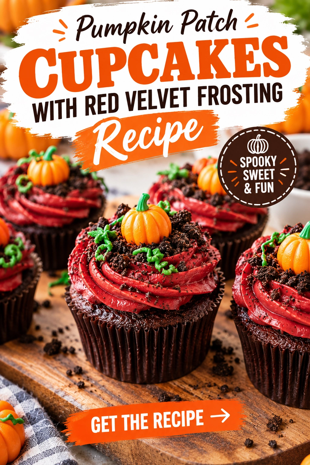 Pumpkin cupcakes topped with swirls of red velvet frosting, arranged on a platter and garnished with small pumpkin decorations.