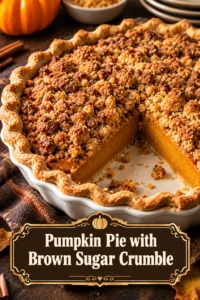 A slice of pumpkin pie topped with a golden brown sugar crumble, served on a white plate with fork.