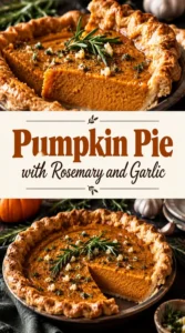 A slice of savory pumpkin pie in a flaky crust, garnished with fresh rosemary sprigs and minced garlic.