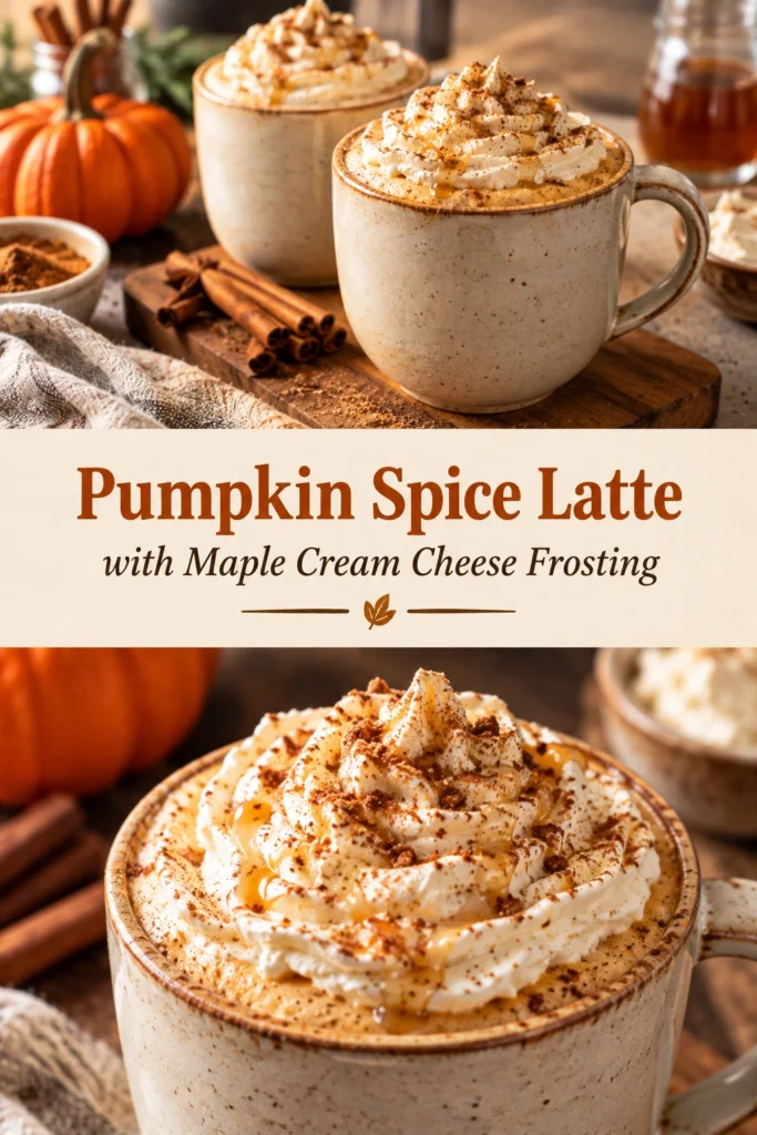 A pumpkin spice latte in a glass mug topped with a swirl of maple cream cheese frosting and cinnamon.