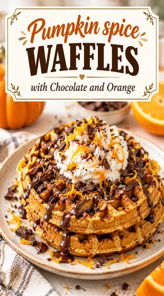 Stacked pumpkin spice waffles topped with melted chocolate, fresh orange slices, and a dusting of powdered sugar.