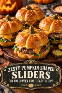 Mini beef sliders on pumpkin-shaped orange buns with cheese and lettuce, arranged on a platter for Halloween.