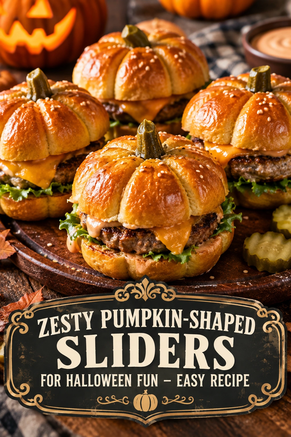 Mini beef sliders on pumpkin-shaped orange buns with cheese and lettuce, arranged on a platter for Halloween.