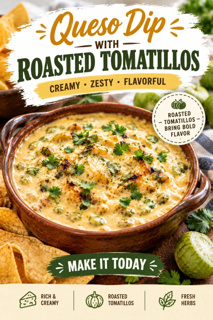 Creamy yellow queso dip in a bowl topped with roasted tomatillos and cilantro, served with crispy tortilla chips.