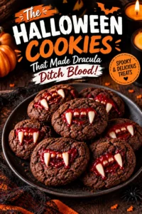 Red velvet cookies with white chocolate drizzle and small candy eyeballs, arranged on a dark baking sheet.