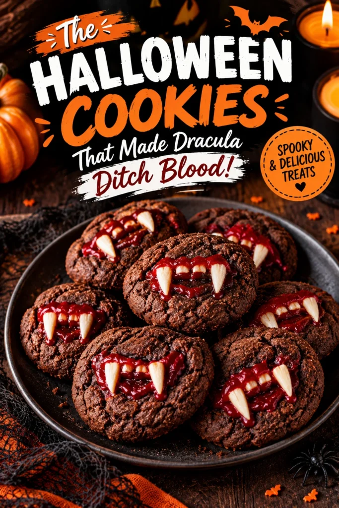 Red velvet cookies with white chocolate drizzle and small candy eyeballs, arranged on a dark baking sheet.