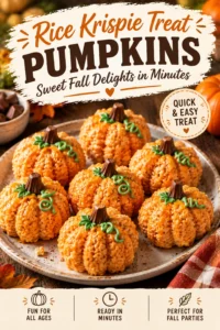 Orange-colored rice krispie treats shaped like pumpkins with green frosting stems, arranged on a white platter.