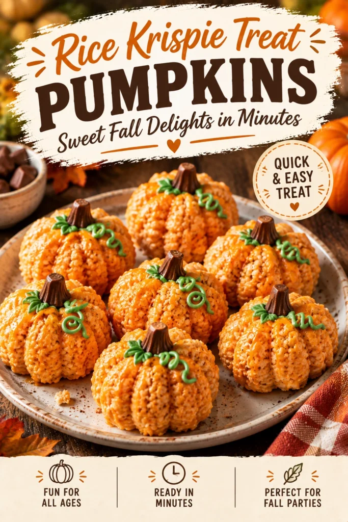 Orange-colored rice krispie treats shaped like pumpkins with green frosting stems, arranged on a white platter.