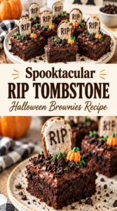 Chocolate brownies topped with grey frosting tombstones that say RIP, decorated with chocolate cookie crumbs to look like dirt.