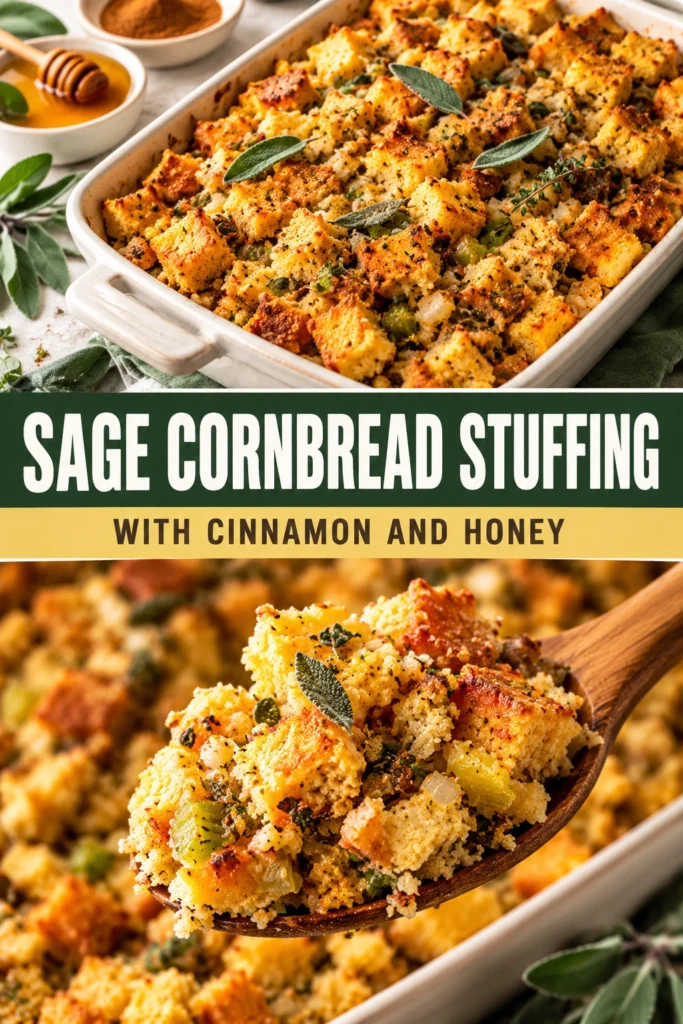 Golden brown cornbread stuffing in a baking dish, garnished with fresh sage leaves and a drizzle of honey.