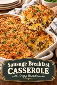 Baked sausage breakfast casserole in a white dish topped with golden brown crispy breadcrumbs and fresh chopped parsley.